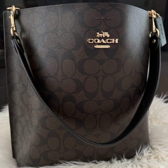 Coach Mollie Bucket Hand Bag In Signature Canvas & Leather - Black & Dark Brown - Picture 1 of 5